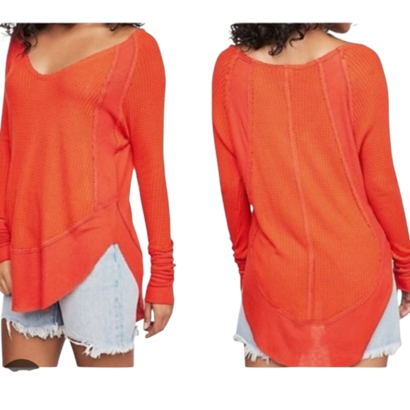 Free People Catalina Orange Long Sleeve Thermal Top Size Medium - Picture 1 of 8